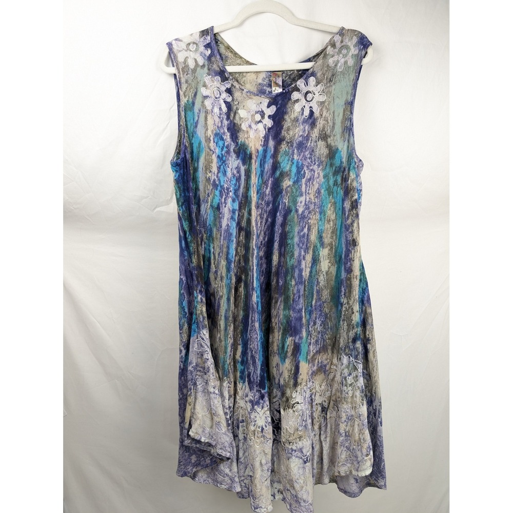 Y2K Earthy Tie Dye Floral Embroidered Dress Blue Purple Boho Hippie Indie Grunge - Picture 2 of 10